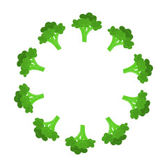 Round wreath with cute flat broccoli isolated on white background. Circle frame with vegetables.
