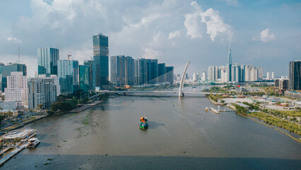 Aerial View of Saigon River with Thủ Thiêm 2 Bridge and Ho Chi Minh City Skyline