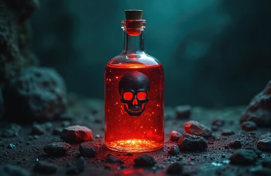 Glass bottle with red glowing liquid on dark ground. Black skull symbol with red eyes on bottle. Cork stopper on top. Rocks surround the dangerous toxic potion. Magical elixir in a scary dark cave. - Powered by Adobe