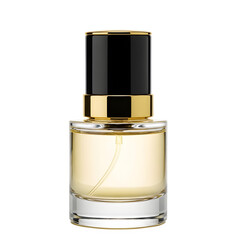 A clear glass bottle of golden perfume isolated on transparent background