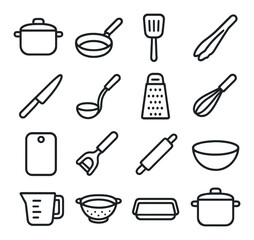 Kitchen utensils icons set: pot, pan, knife, spatula, whisk, grater