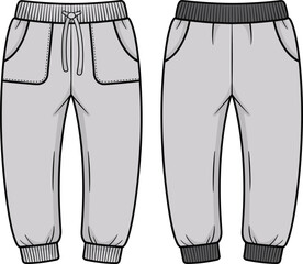Sweatpants technical flat sketch, two style variations with drawstring and clean waistband design, elastic cuffs, vector apparel garment illustration