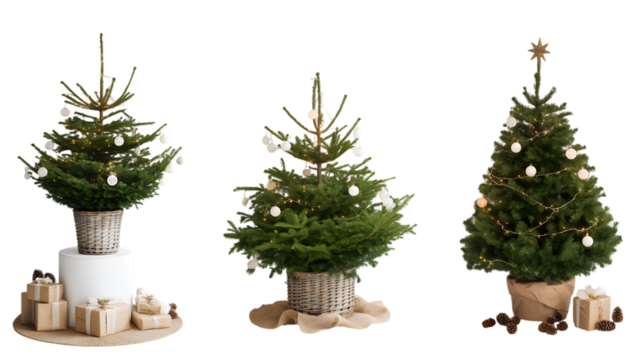 Three decorated christmas trees with gifts and pinecones isolated on transparent background