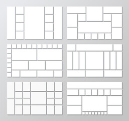 Photo collage templates set. Moodboard grid. Geometric forms layout. Mosaic pictures presentation. Gallery banner. Album brandboard. Portfolio images. Retro background. Vector illustration