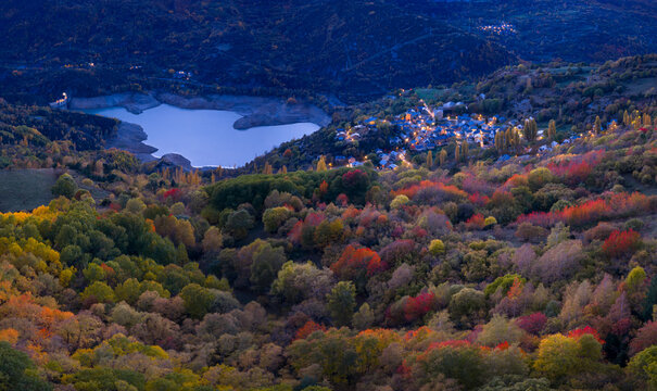 Aerial drone view of the autumn landscape in the village of Hoz de Jaca in the Tena Valley, Alto Gallego region, Huesca, Aragon, Spain, Europe