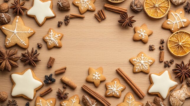 A collection of baked goods, spices, and ornaments is displayed creatively on a wooden background, creating a warm holiday atmosphere