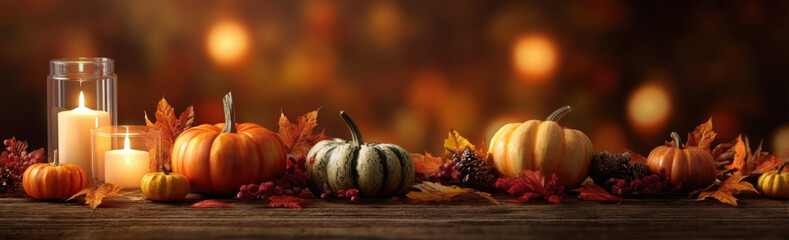 A warm and inviting autumn scene featuring pumpkins, candles, and fall leaves on a wooden surface with a bokeh background.