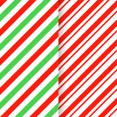Seamless Christmas red and green background. Holiday wrapping paper texture. Candy cane striped pattern. Vector. Set cute caramel package prints. Xmas diagonal lines. Abstract geometric illustration.
