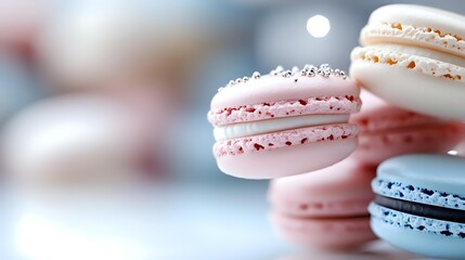Delicate French macarons in pastel pink, white, and blue colors with creamy filling, arranged on display for gourmet dessert photography.