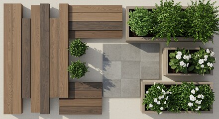 Outdoor patio design with wooden accents and flower boxes living planks grey tiles green plants white flowers