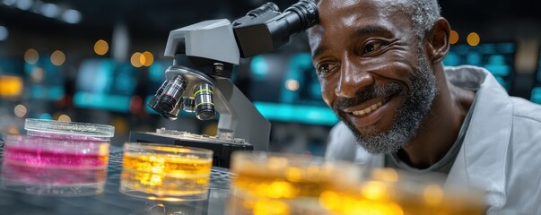 African American scientist using a microscope in a colorful laboratory setting