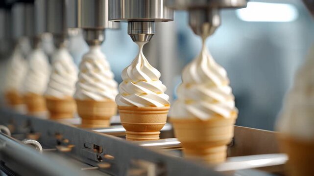 Automated production of soft serve ice cream cones on a factory conveyor belt