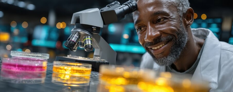 African American scientist using a microscope in a colorful laboratory setting