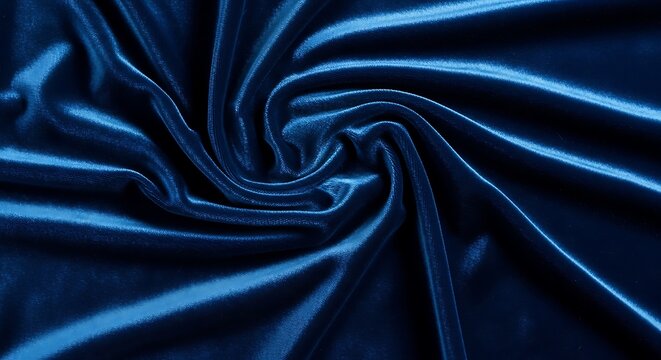 Close up of a swirling deep blue shiny velvet material