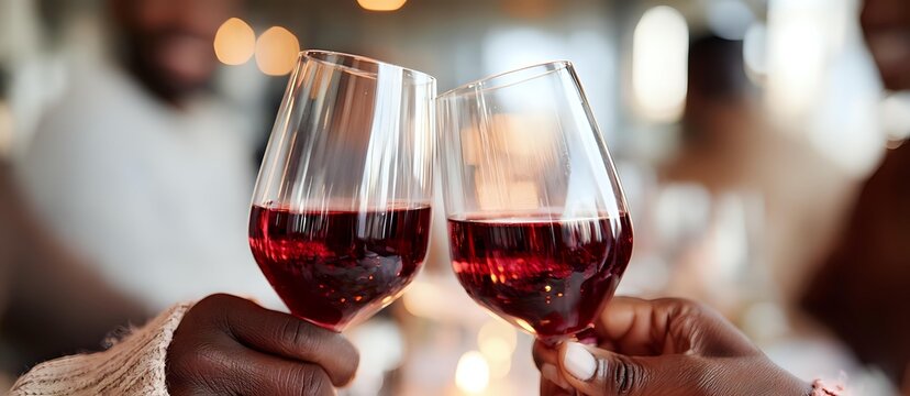 Two hands toasting with glasses of red wine against blurred background with warm bokeh lights, celebrating special occasion.