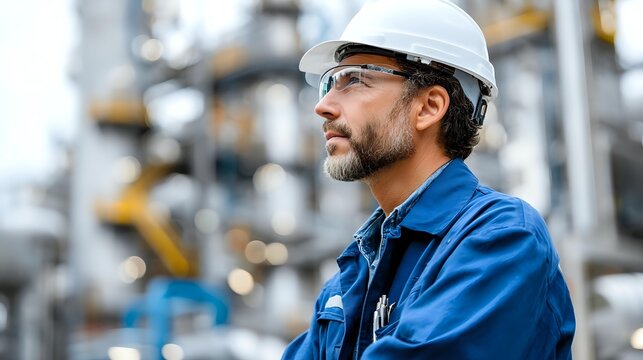 Male engineer in white hard hat and blue workwear inspecting industrial facility with focused expression, representing workplace safety and professional expertise in manufacturing environment.