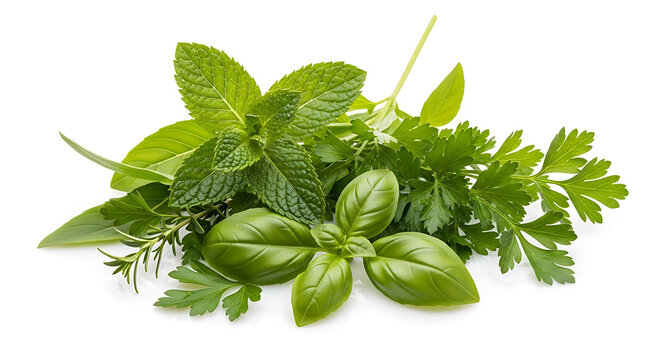 Fresh green herbs bundle isolated on white background for culinary use