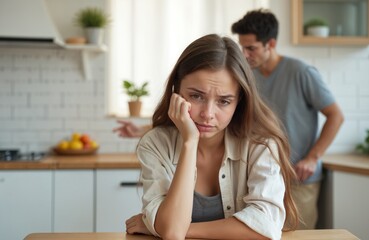Young woman looks sad after quarrel at home. Man scolds his wife. Family conflict relationship problem. Unhappy couple indoors in kitchen. Emotional scene of misunderstanding arguments.