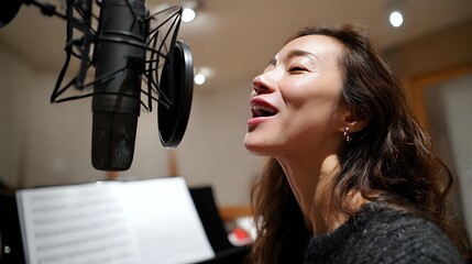 Young woman with long brown hair singing passionately into professional microphone in recording studio, sheet music visible in foreground.