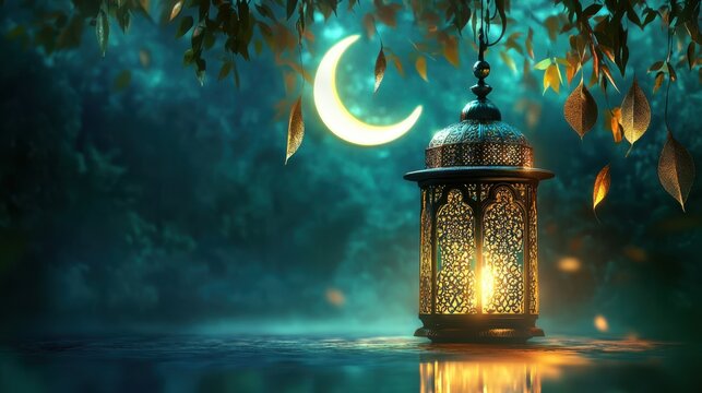 A serene ramadan night with a glowing lantern under the crescent moons soft light - Powered by Adobe