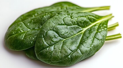 Obraz premium Fresh spinach leaves with water droplets on white background, showcasing vibrant green color and natural texture for food photography and healthy eating concepts.