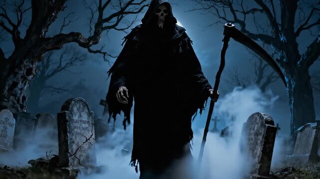 Grim Reaper walks through a misty cemetery at night holding a scythe. Personification of death in a spooky Halloween setting. Low angle tilt up shot.