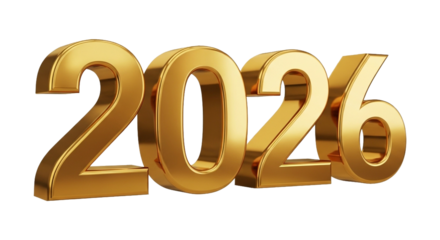 Golden 2026 numbers with happy new year text isolated on transparent background