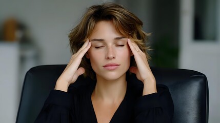 Young woman with closed eyes massaging temples, experiencing headache or stress while sitting in black office chair against blurred home interior background.