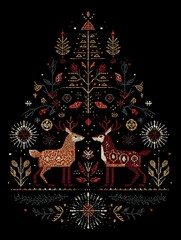 Folk art Christmas tree composition with stylized deer, geometric patterns, and botanical elements on black background for holiday designs.