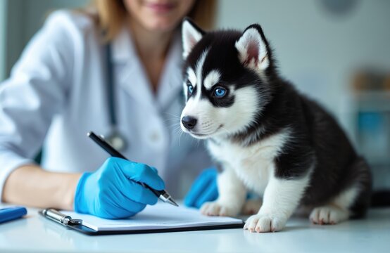 Siberian husky puppy sits on exam table at vet clinic. Veterinarian in blue gloves writes on medical chart. Adorable dog with blue eyes gets health check up. Pro pet care, animal treatment, wellness