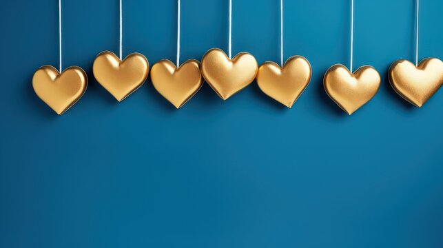 Christmas, Xmas, Advent or Valentine's Day greeting card concept featuring golden hearts hanging on a rope with a blue background. - Powered by Adobe