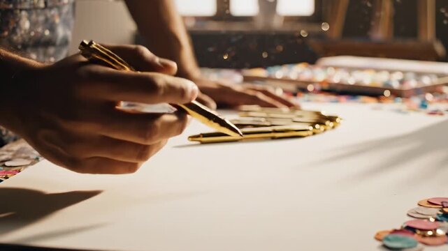 Close-up of a persons hands preparing to draw or write on a blank sheet of paper, surrounded by colorful confetti and art supplies on a wooden table, bathed in warm sunlight.