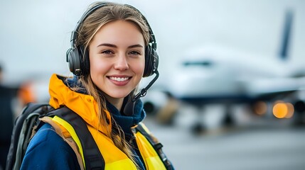 Young female aviation ground crew member wearing headset and yellow safety vest smiling at airport with aircraft in background.