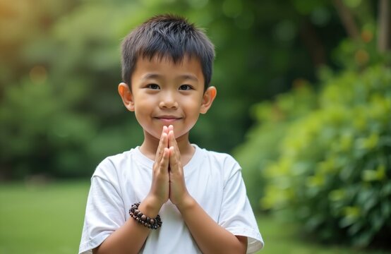 Young Asian boy smiles. Wears white t-shirt, wood bead bracelet. Hands clasped politely, respectful gesture. Kid shows gratitude, courtesy, asking. Child looks friendly, happy, innocent in green