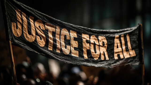Justice banner held up by protesters in a crowd during a rally advocating for equality and human rights with strong emotions displayed on participants' faces. - Powered by Adobe