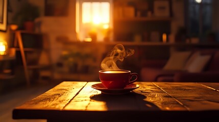 Steaming red coffee cup on rustic wooden table in cozy room with warm ambient lighting and morning sunlight creating atmospheric mood for relaxation.