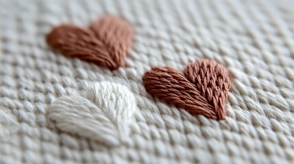Delicate embroidered hearts in terracotta and white thread on natural linen fabric, showcasing detailed needlework texture for craft and textile design.