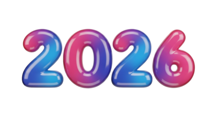Colorful 3d numbers 2026 happy new year isolated on transparent background