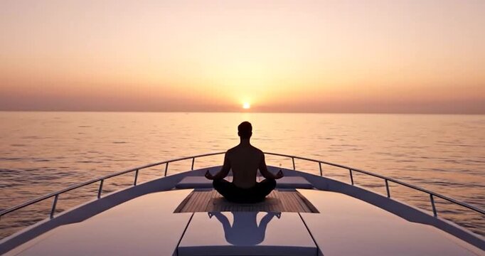  Man meditating in yoga pose on luxury yacht at sunrise.
