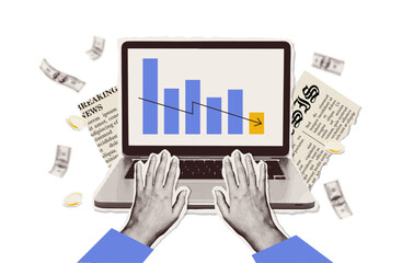 Fototapeta premium Collage with halftone two hands and arrow graph going down on laptop screen. Halftone paper stickers Concept of economic crisis and decline of investments, stocks or market. Vector illustration.