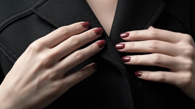 Close-up of a womans hands buttoning and unbuttoning a black coat, showcasing fashion and detail.