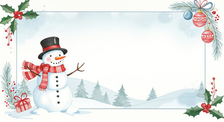 Snowman with red scarf and hat in winter landscape with holiday decor, copy space 