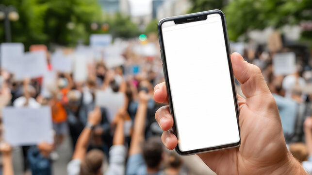 hands holding smartphone, group of protesters
