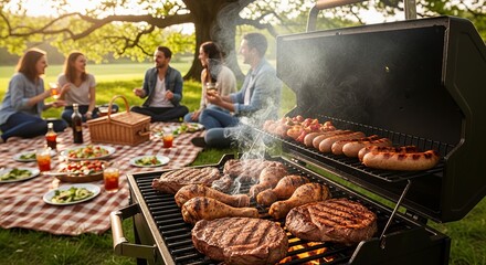 People enjoying a barbecue picnic with grilled food in a sunny park