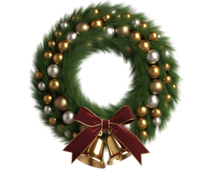 A festive christmas wreath decorated with gold and silver baubles and a red bow with bells, isolated on transparent background