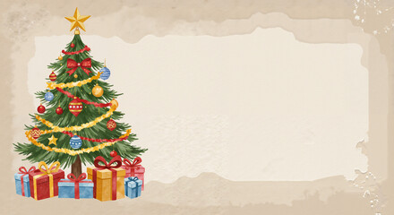 Watercolor Christmas tree with gifts and blank copy space  