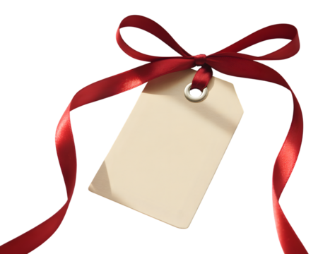 Blank gift tag with red ribbon bow isolated on transparent background