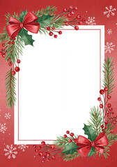 Christmas greeting card frame with red background and decorations, blank copy space   