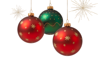 Three festive christmas ornaments, two red and one green, hanging with golden star patterns, isolated on transparent background