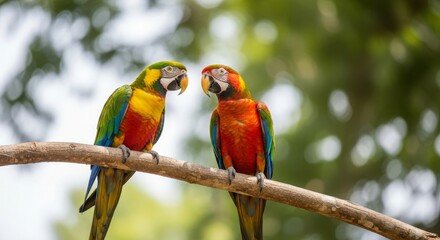 Two colorful macaws perched on a branch in a lush tropical environment